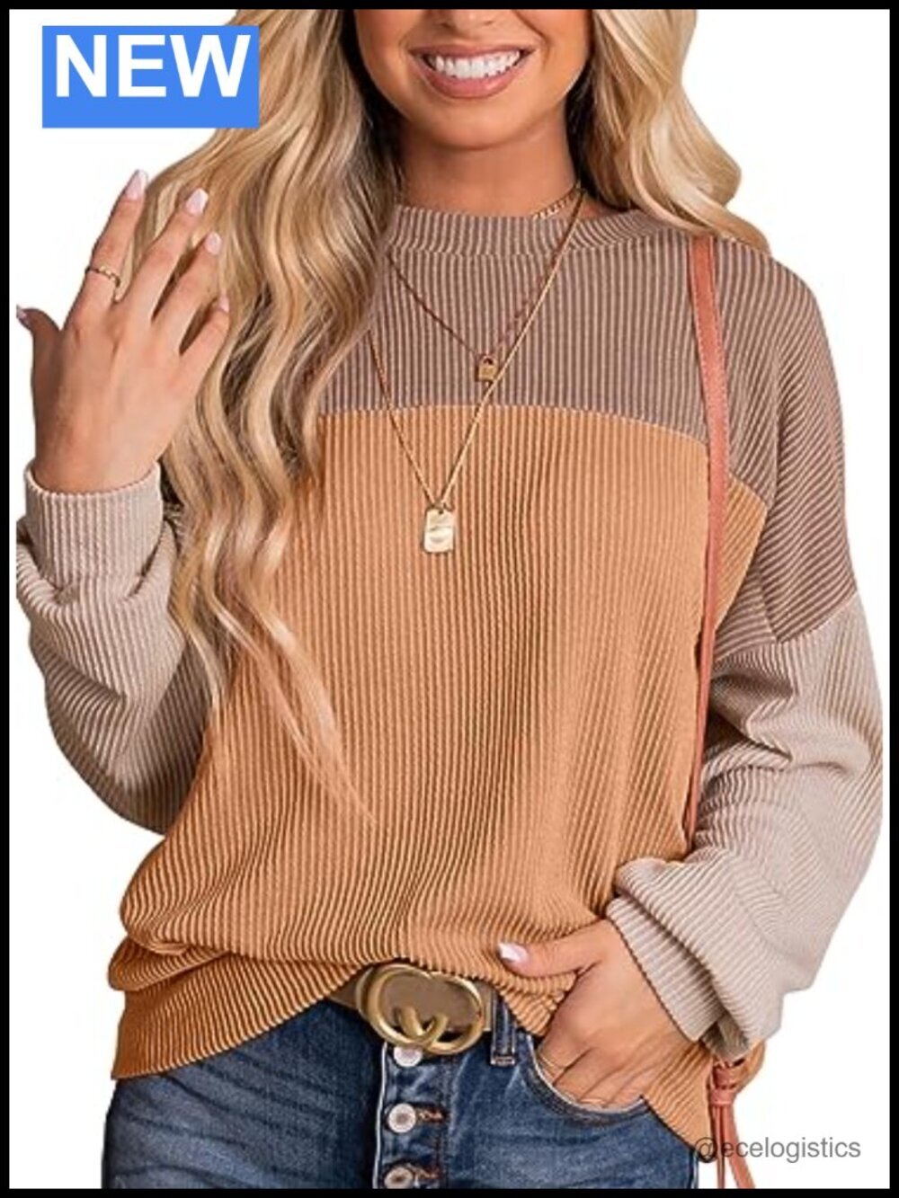 Color Block Long Sleeve Crewneck Knit Tunic Blouse